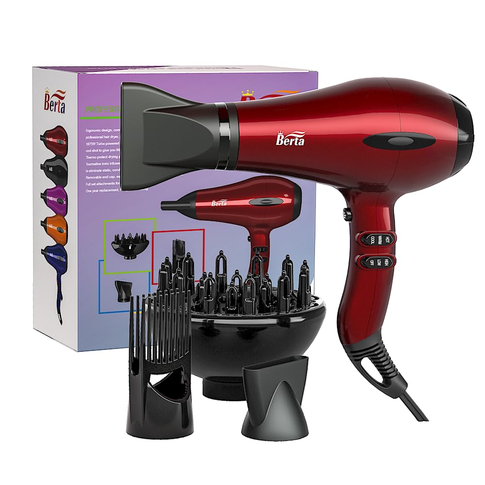 BERTA 1875W Powerful Negative Ions Hair Dryer Ceramic Professional Far Infrared Blow Dryer 2 Speeds 3 Heating Settings (3 Attachments)
