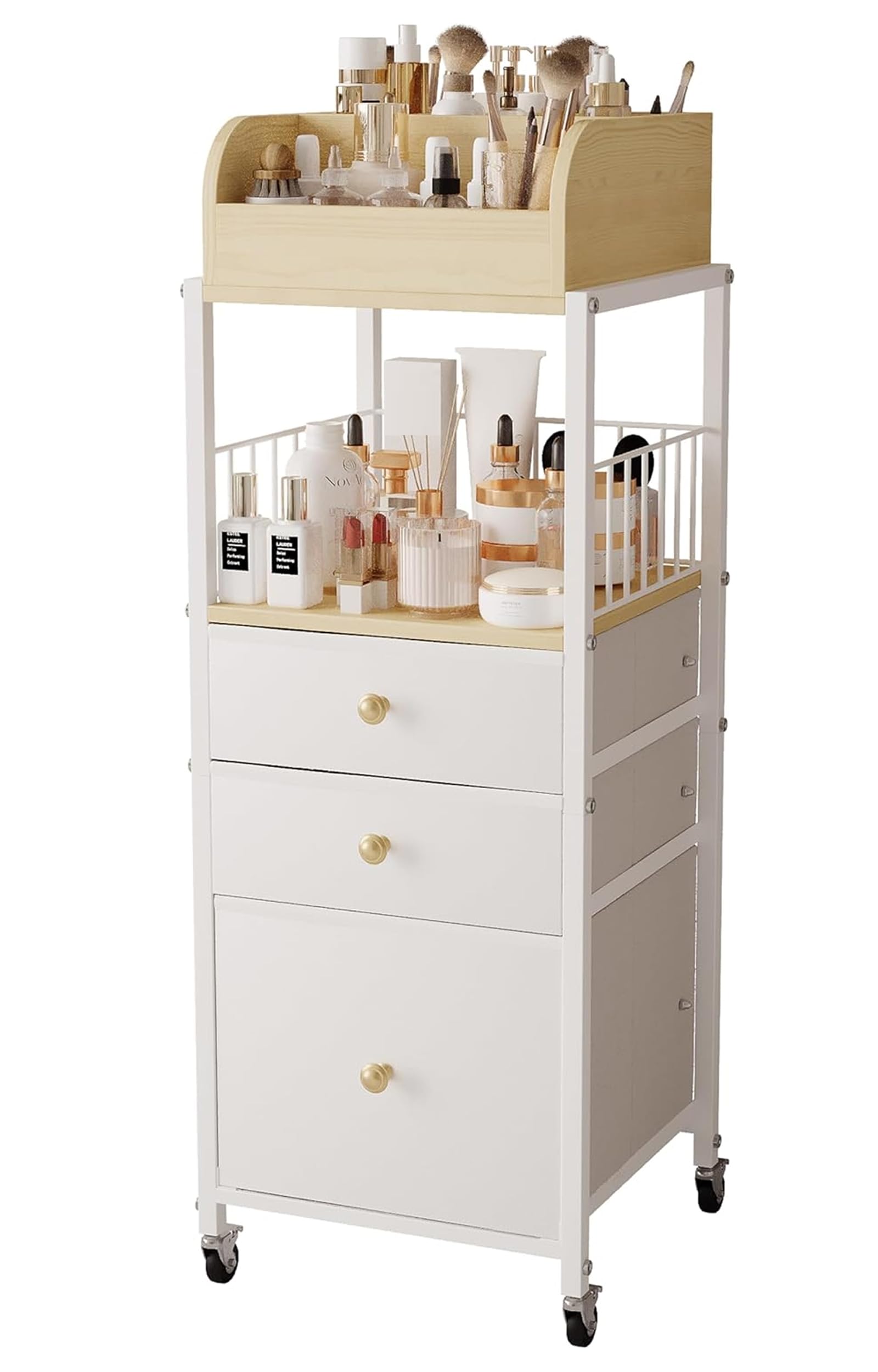 Makeup Organizer Cart with Drawers, Make up Organizers for Vanity, Floor Skincare Organizers- for Cosmetics, Nail Polish, Art Supply, Bathroom Vanity Desktop Organizer (White)