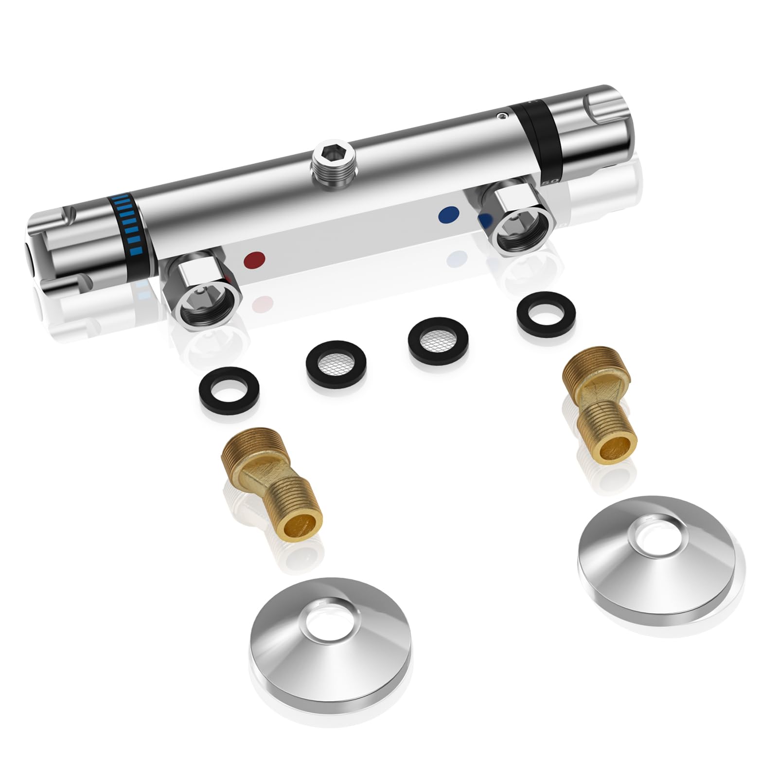 LADOKEE Mitigeur Douche, Robinet Thermostatique Douche avec Bouton de Sécurité 38 °C, Anti-brûlure, Entraxe 150mm, Raccord G 1/2, Laiton, Température Réglable 20-50°C, Chromé, pour Salles de Bains