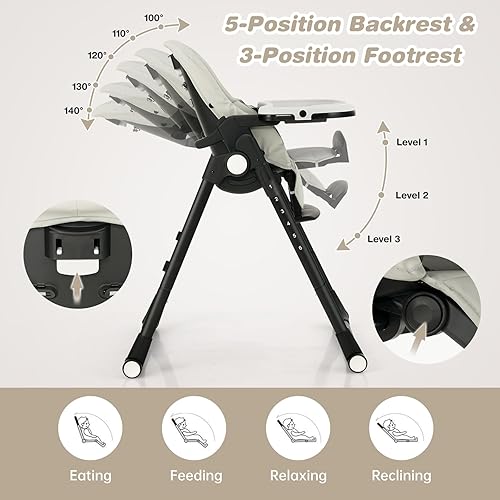 Miniatura 4 de BABY JOY Silla alta para bebés y niños pequeños, silla alta plegable con respaldoreposapiésaltura del asiento, bandejas dobles extraíbles, cojín de