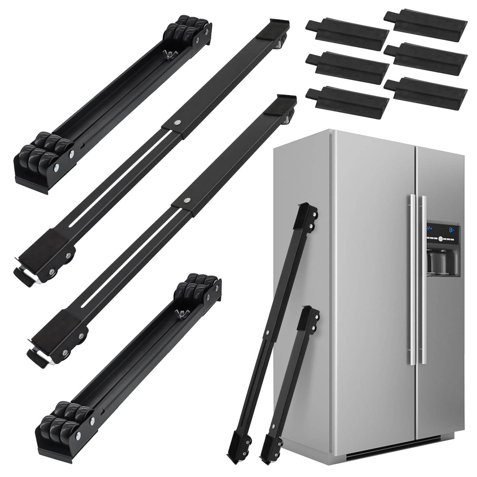 6 Pcs Extendable Furniture Appliances Rollers, Mover Tools with 24 Roller Brake Equipment for Heavy Washing Dryer Machine Refrigerator for Mobile Wheels Strong Base Stand Hold Up to 660 lb Black