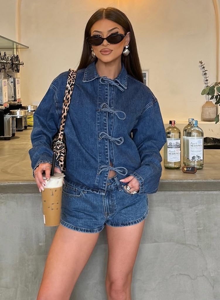 Kedera Womens Jean Jacket Tie Front Long Sleeve Denim Shacket Lapel Collar Tops Fall Winter Fashion Trendy Coat Blazer - Image 3