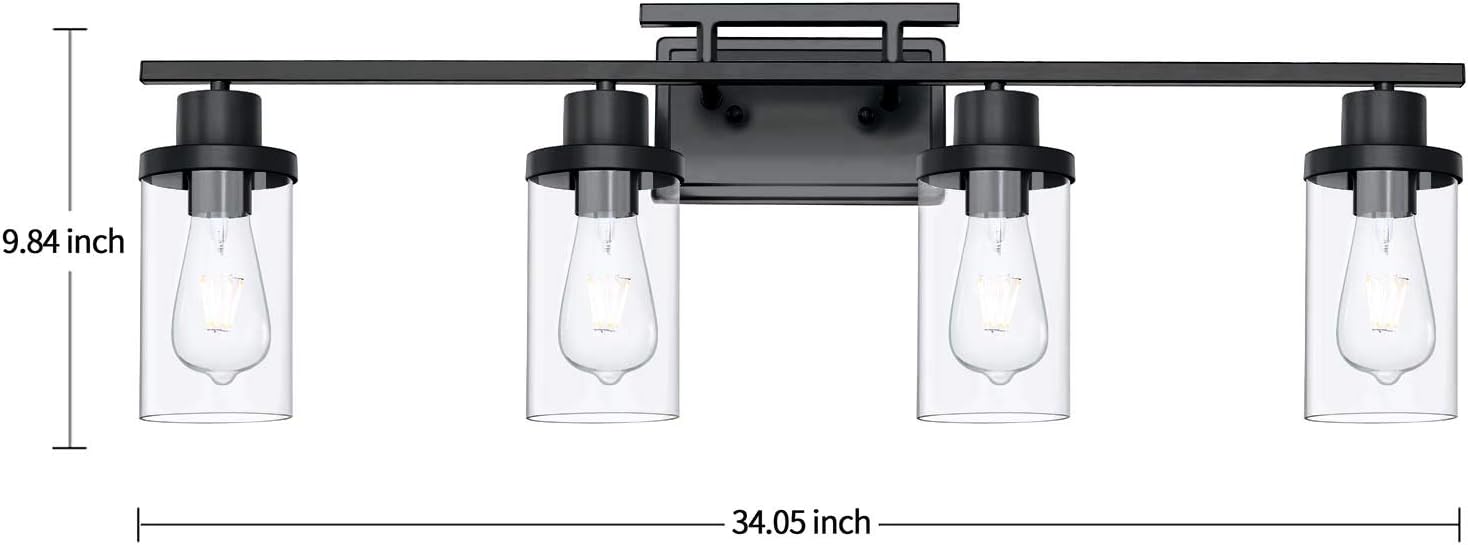 Get Discount Offer LUXEMI Bathroom Light with Clear Glass Shade, 4 Light Black Vintage Wall Sconce, Industrial Vanity Lights for Farmhouse, Mirror Lights for Bedroom Living Room, Bathroom Lighting Fixtures Over Mirror