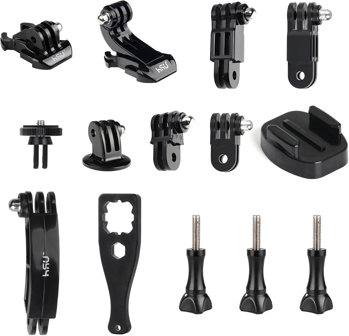 HSU Basic Adapter Grab Bag for GoPro (13pcs) | Including Quick Release Buckle, J-Hook Buckle, 3-Way Pivot Arms, Tripod Mount, Curved Extension Arm and Thumbscrews