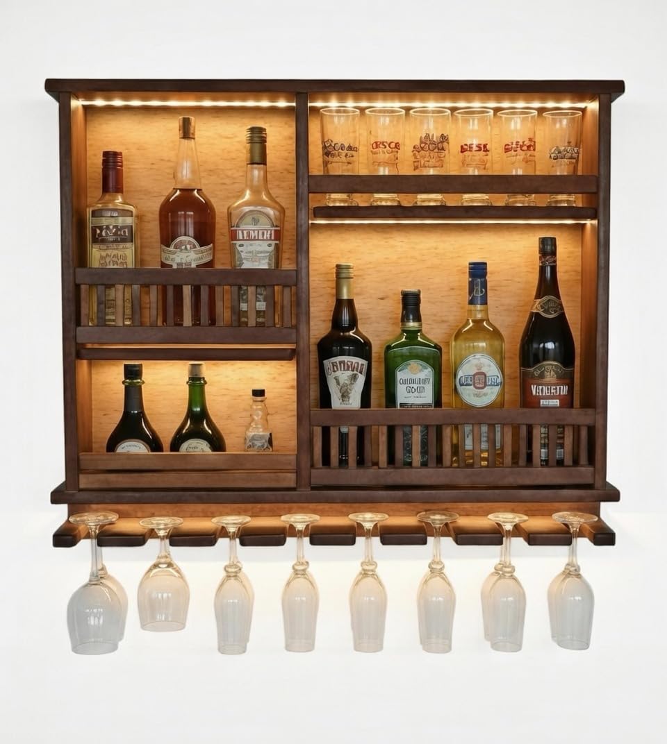 OGESTA Wooden Wall Mounted Wine Rack, Bar Cabinet with Glass Storage, Wall Hanging Mini Bar for Home Wine Rack/Holder Upside Down Glass Hanging Organizer