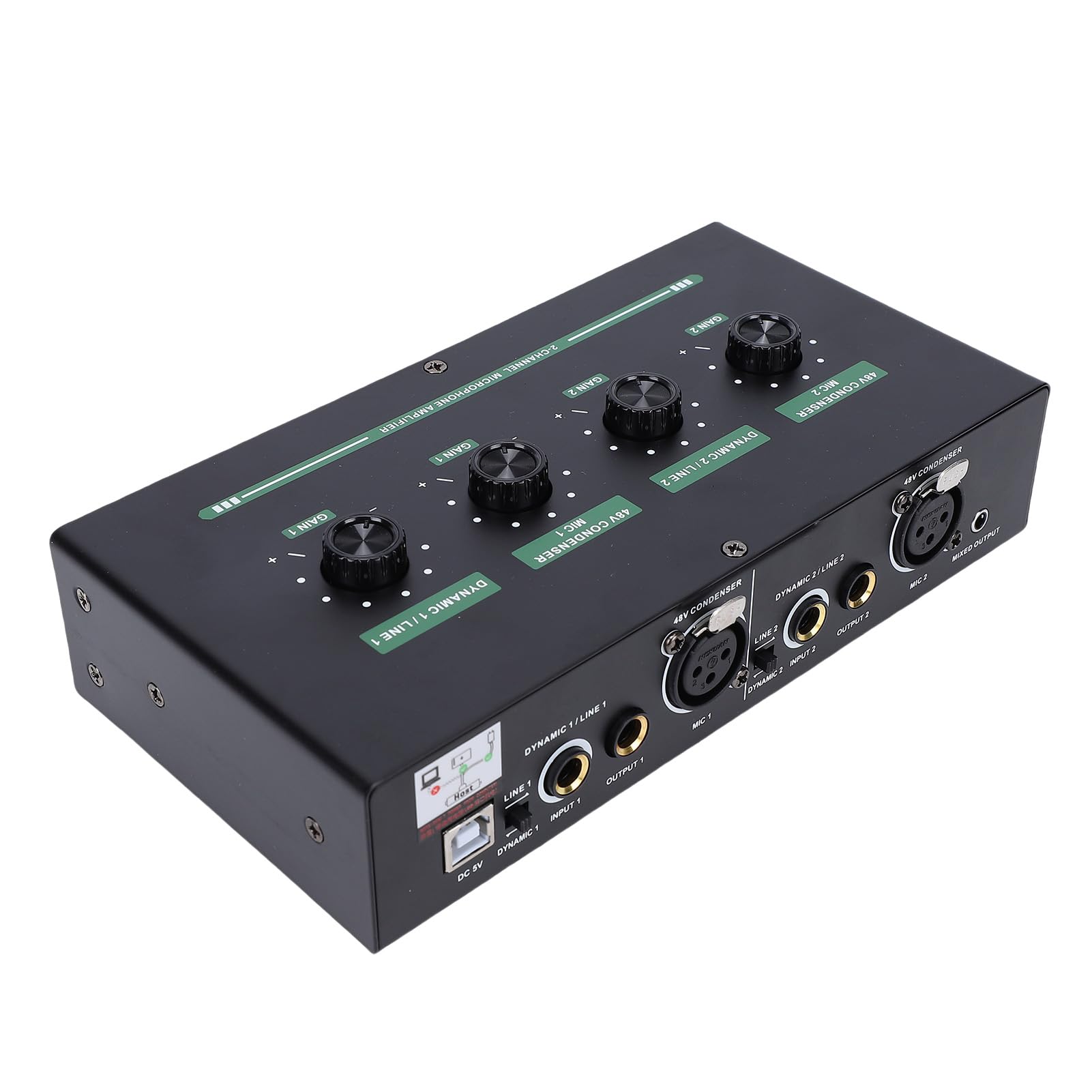 Mikrofonvorverstärker, 50 DB Verstärkung, 48 V Phantomspeisung, Zweikanal-Mikrofonvorverstärker mit 4 Eingängen, XLR-635-mm-Ausgängen für Musikaufnahmen, Podcasts, Live-Streaming