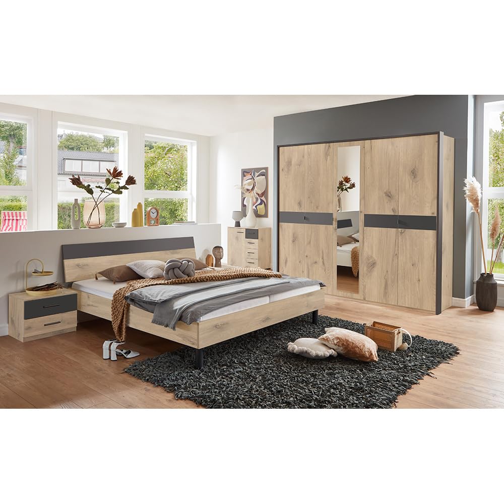 Lomadox Schlafzimmer Komplett Set 5-teilig, Bett 180x200 cm, 2X Nachtschrank, 1 Kleiderschrank, 1 Kommode in Eiche mit Graphit