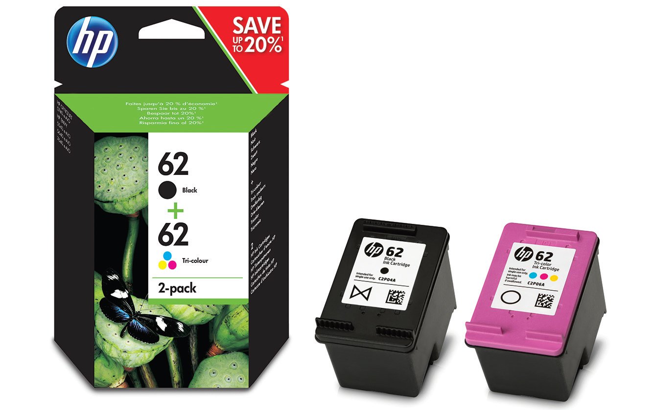 N9J71AE#301 Lot de 2 cartouches d'encre d'origine Numéro 62 Noir/cyan/magenta/jaune