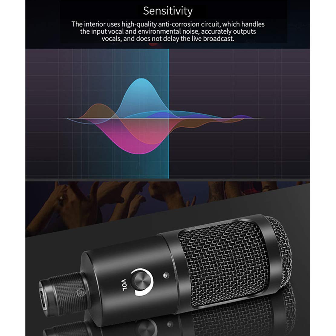 AKT USB Podcast mikrofon pojemnościowy, strumieniowy MIC, zestaw do nagrywania Pro Cardioid Mic Kit ze statywem do gier karaoke Skype Youtuber