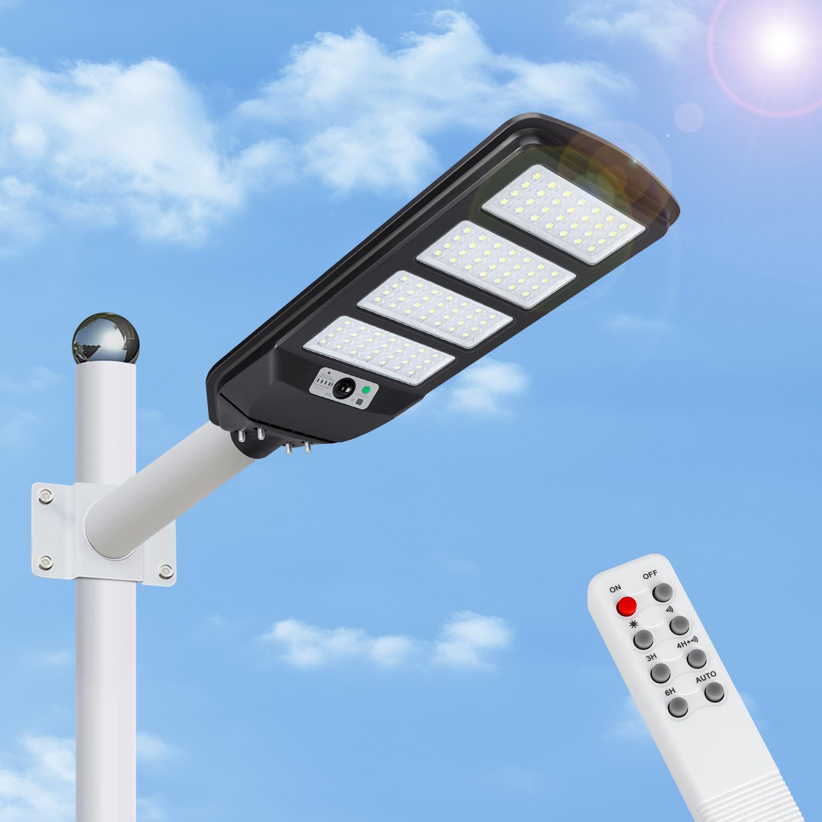 Aigostar - 200W Farola solar LED exterior con sensor de movimiento, mando a distancia, 2000LM luz blanca. Foco solar LED potentes con temporizador, impermeable protección IP65. No incluye soporte