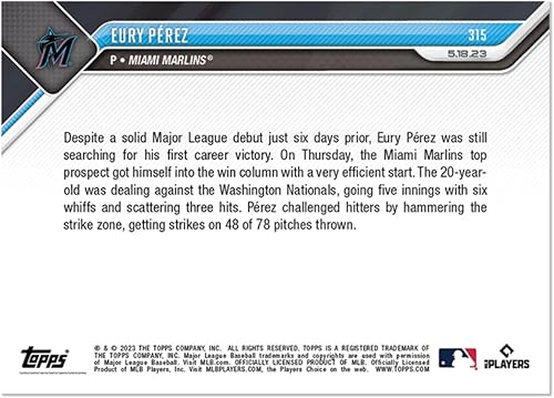 Miniatura 2 de 2023 Topps Now Eury Perez #315 -RC Rookie 1st MLB Victory Comes at Home vs Washington Nationals - 51823 - Baseball Trading Card- Miami Marlins.