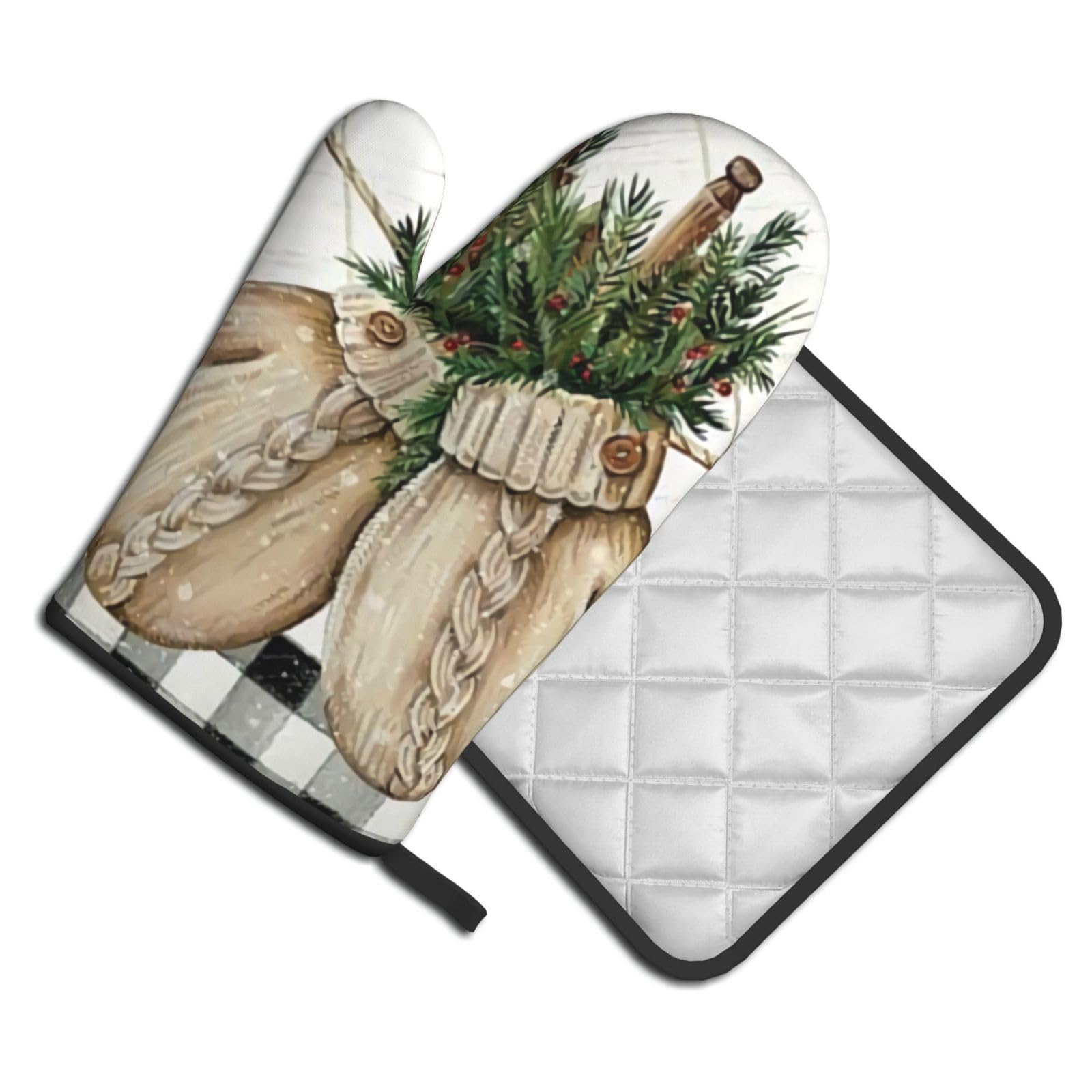 Oven Mitts and Pot Holders Set of 2 Pcs, Winter Mittens Printed Heat Resistant Kitchen Gloves Potholders for Cooking Baking Grilling