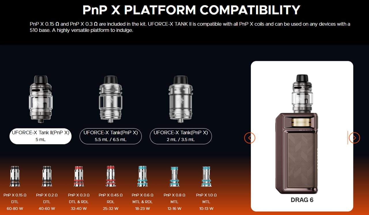 DRAG 6, For VOOPOO Drag 6 Box Mod Kit | 220W intégrée 4400mAh Batterie + 5ml UFORCE-X Tank II PnP X 0.15ohm + 0.3ohm Coil E-Cigarette Vaporisateur, Sans nicotine