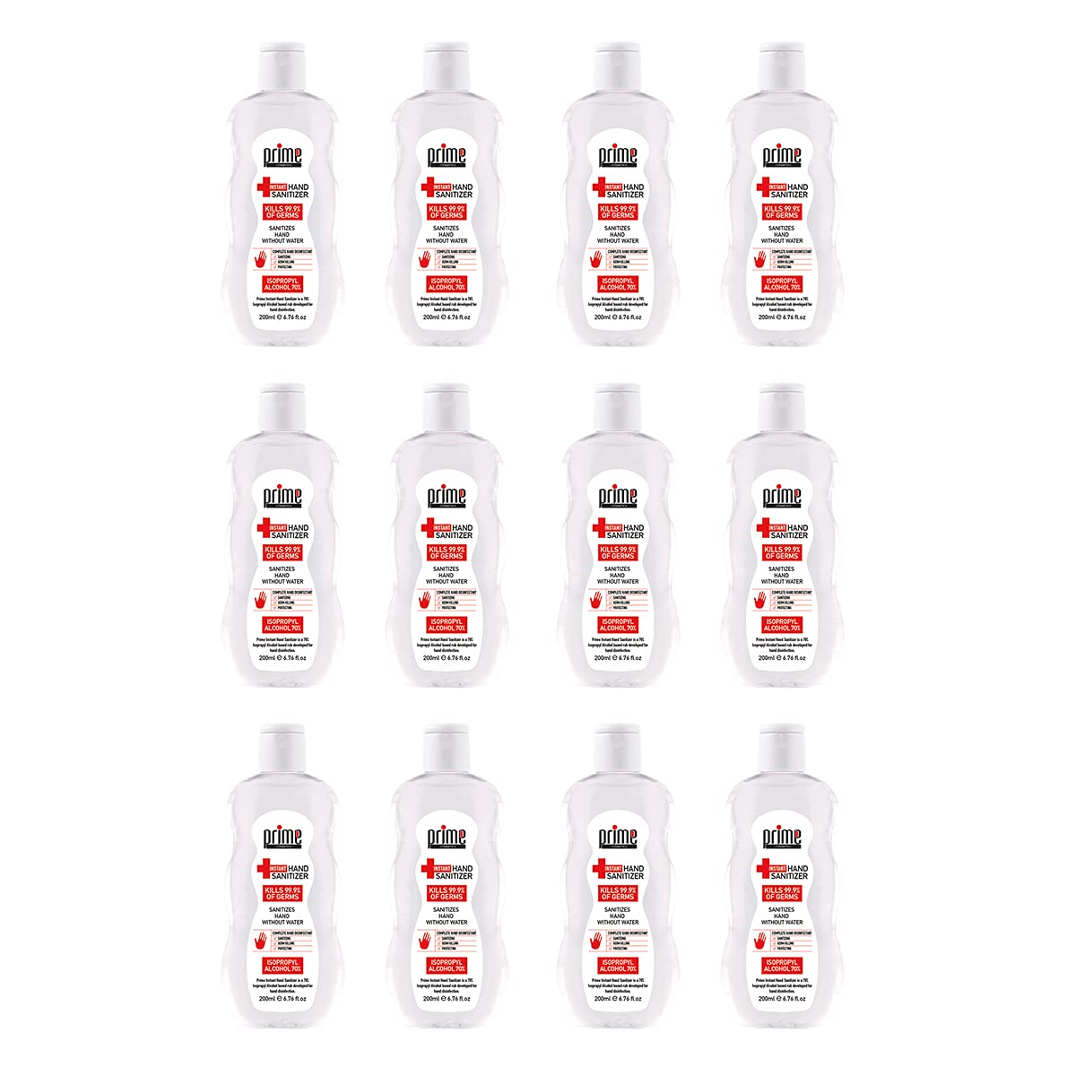 Prime Instant Hand Sanitizer 200ML GEL PACK OF 12, IPA 70%, Sanitizes Hand Without Water, Germ Killing, Protecting, Hand Disinfectant