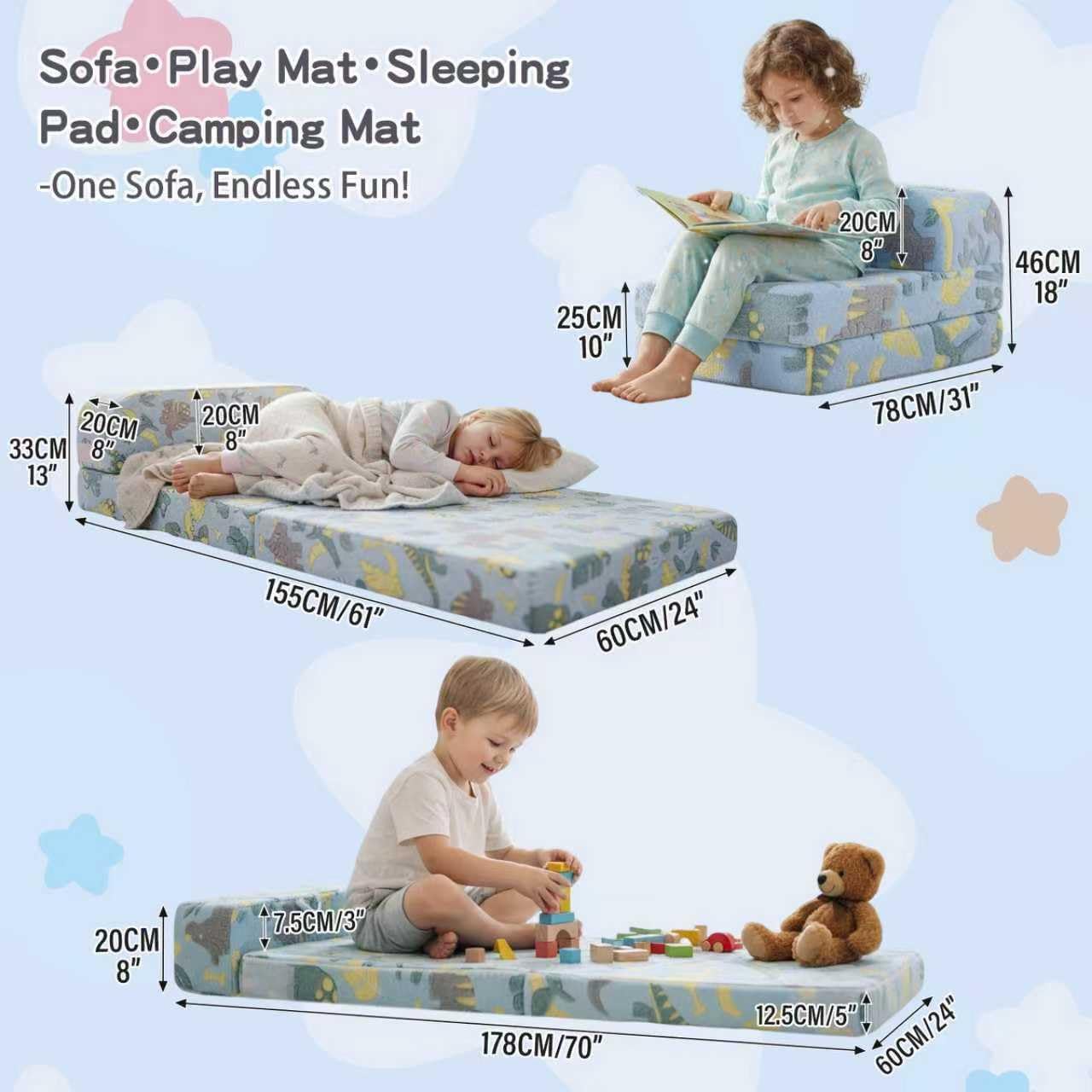 Tiita Folding Sofa Bed for Kids, Toddler Fold Out Couch Beds with Removable Cover, Kid Futon Sleeper Chair Folding Bed Mattress for Children Room, Living Room, Guest Room,Dinosaur