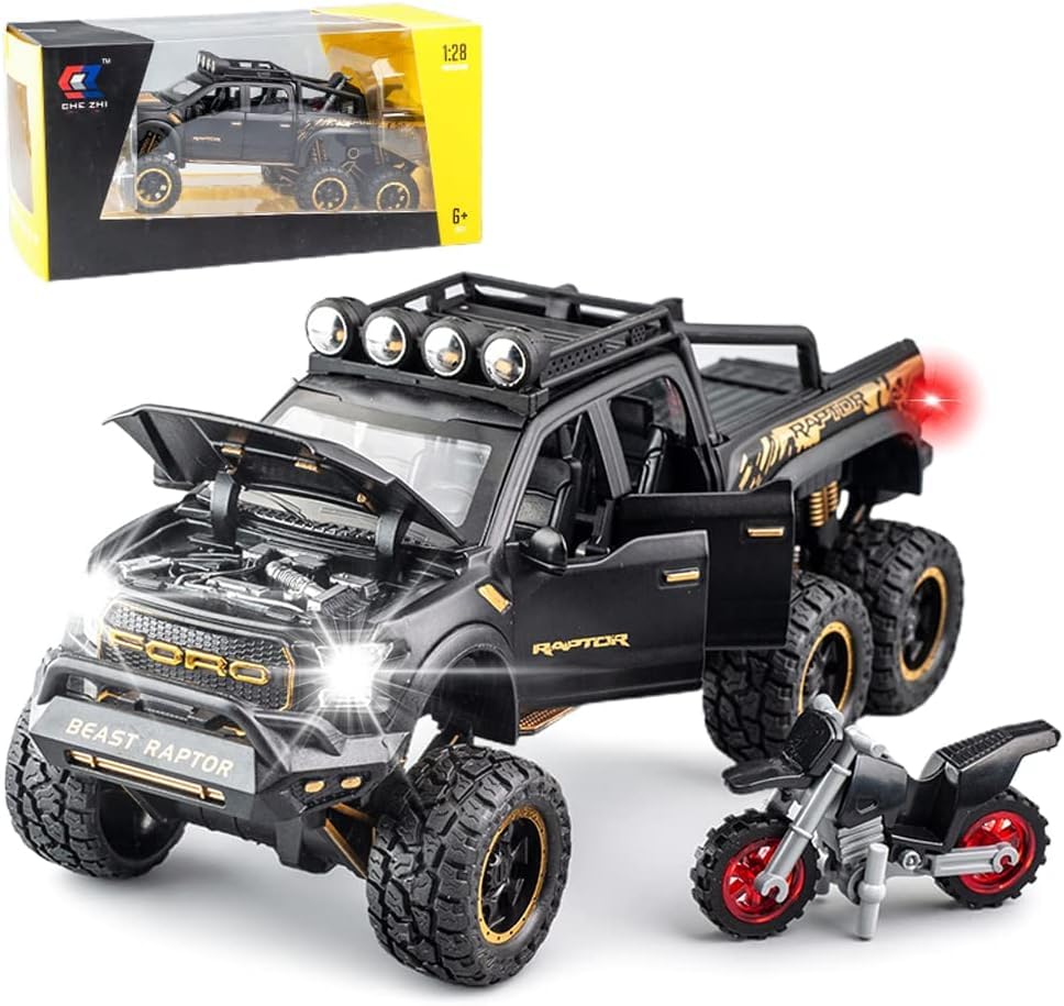 Image of ARNIYAVALA Toy Pickup Truck for Boys - F150 Raptor Diecast Metal Model Car with Sound & Light, Pull Back Action, Openable Doors | Black Collectible Toy Vehicle for Kids 3+ Years