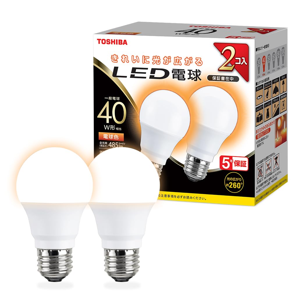 Amazon | TOSHIBA(東芝) LED電球 E26 A形 40W相当 全方向 電球色 2P