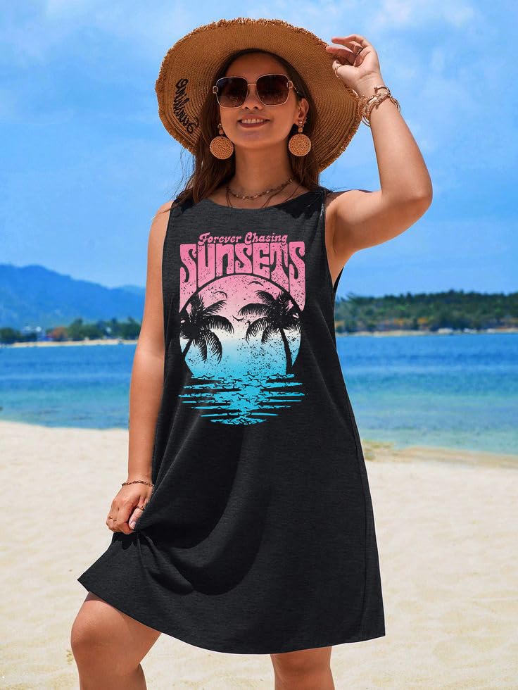 Image of MYHALF Summer Tank Dress for Women Sleeveless Beach Vacation Sundress Short Coconut Tree Sun Dress Casual Coverup