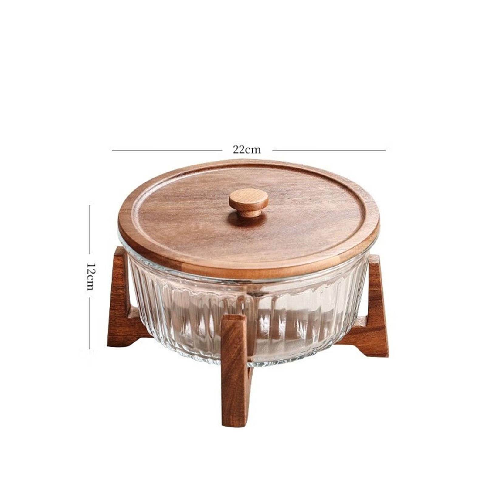 Bol de Cristal con Tapa y Soporte de Madera - 22 cm de diámetro, Cristal Transparente Acanalado para Frutas, ensaladas y decoración Moderna de Cocina