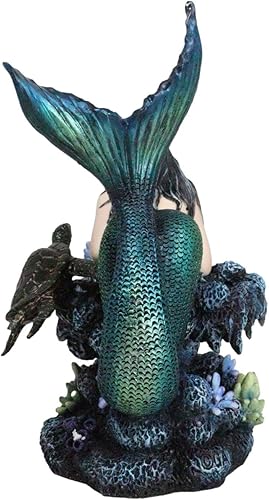 Miniatura 3 de Ebros Gift Seductive Siren Maiden Mermaid with Green Iridescent Tail and Turtle Companion Resting by Coral Rocks Statue Nautical Sirens of The Seas