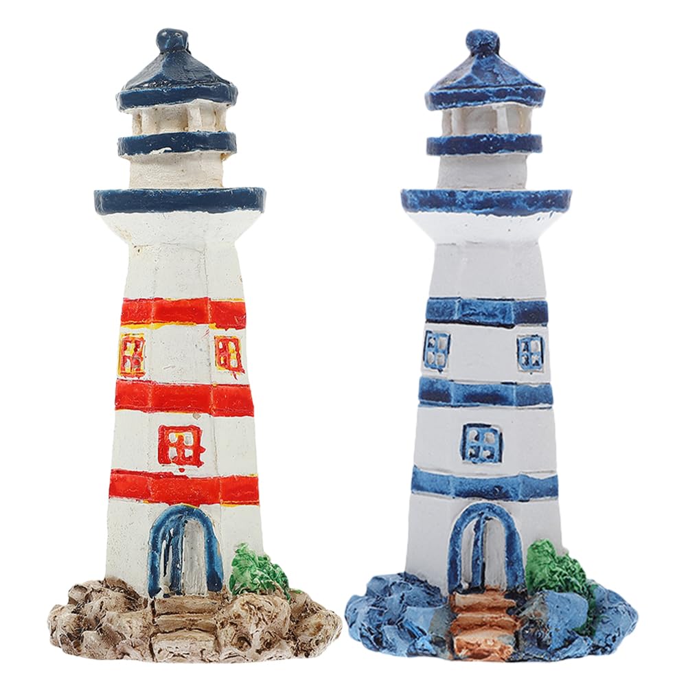 LOGOFUN 2Pcs Lighthouse Figurines Resin Lighthouse Statues Unique Lighthouse Collectible Crafts Ornaments for Aquarium Fish Tank Sand Tray Micro Landscape Decoration
