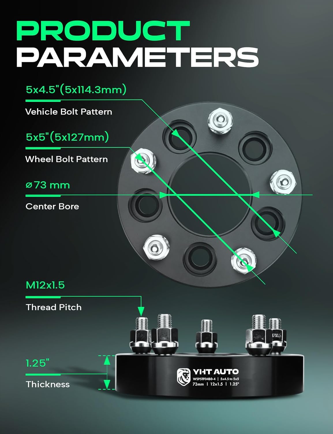 YHTAUTO 5x4.5 to 5x5 inch Wheel Adapters 1.25 inch Fit Accord, Civic, CR-V, Camry, Tacoma, Optima, Sorento, Patriot Tire Adapters w/M12x1.5 & 12.9 Grade Studs, 73mm Center Bore 5 Lug 4PCS