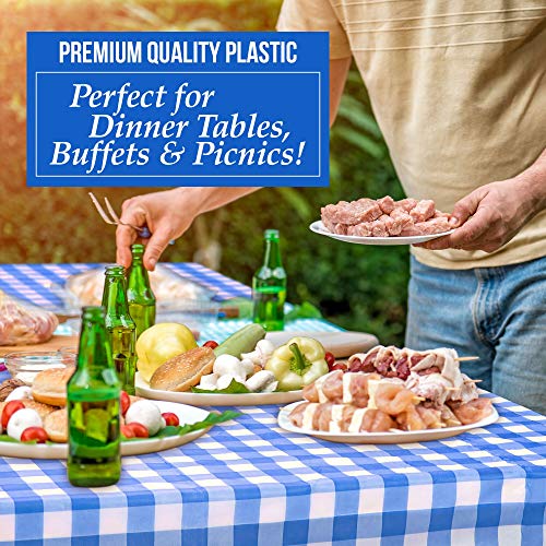 Blue Gingham Picnic / Party Plastic Tablecloth Roll, Disposable Picnic Colored Table Cloth On A Roll With Self Cutter Box,Cut Tablecloth To Your Own Table Size,Indoor/Outdoor, By Clearly Elegant #TOP3