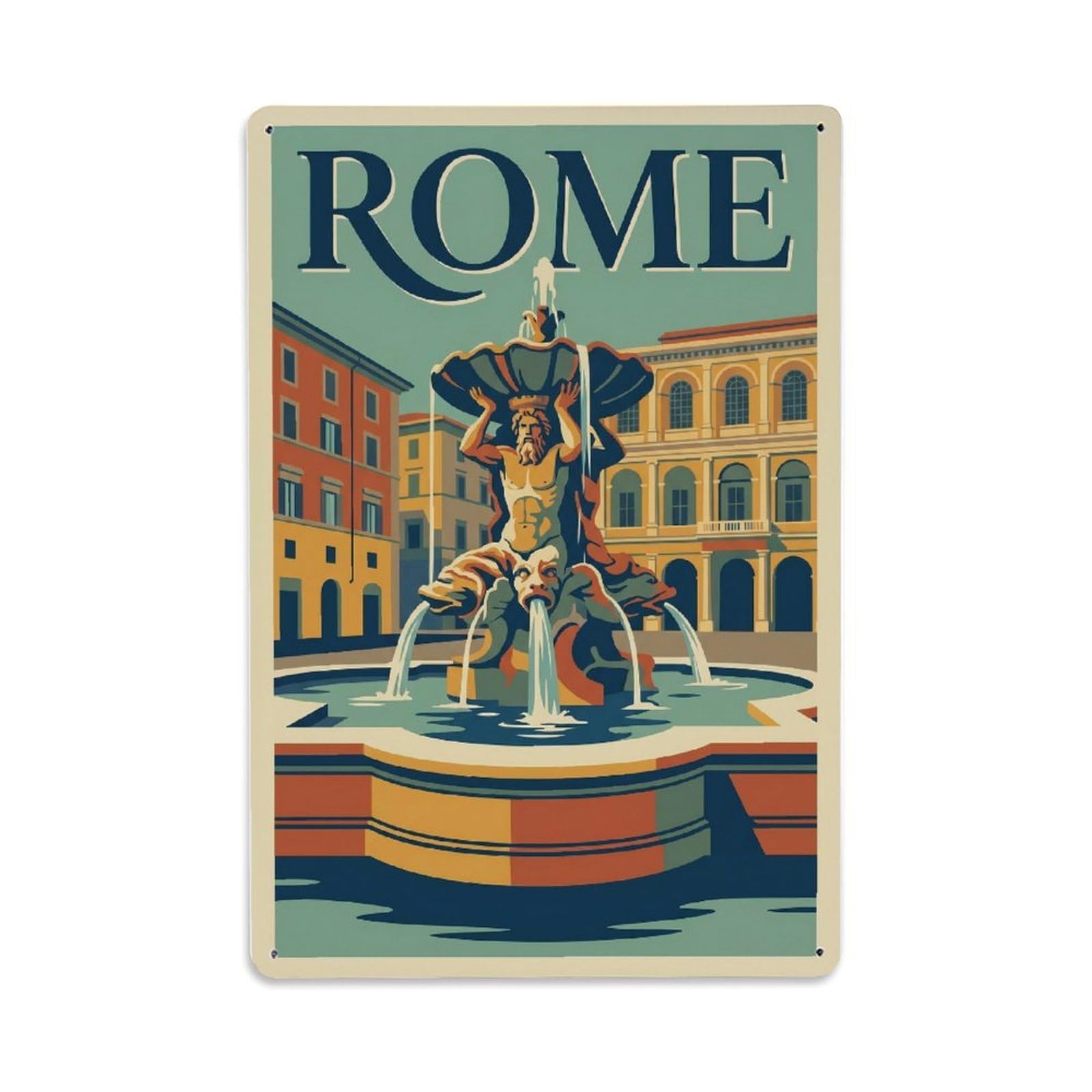 Vintage Travel Rome Piazza Barberini Triton Fountain Baroque Italy Metal Tin Sign Plaque Wall Decor for Cafe, Club Bar, Office, Home Garden Metal Poster 8x12Inch