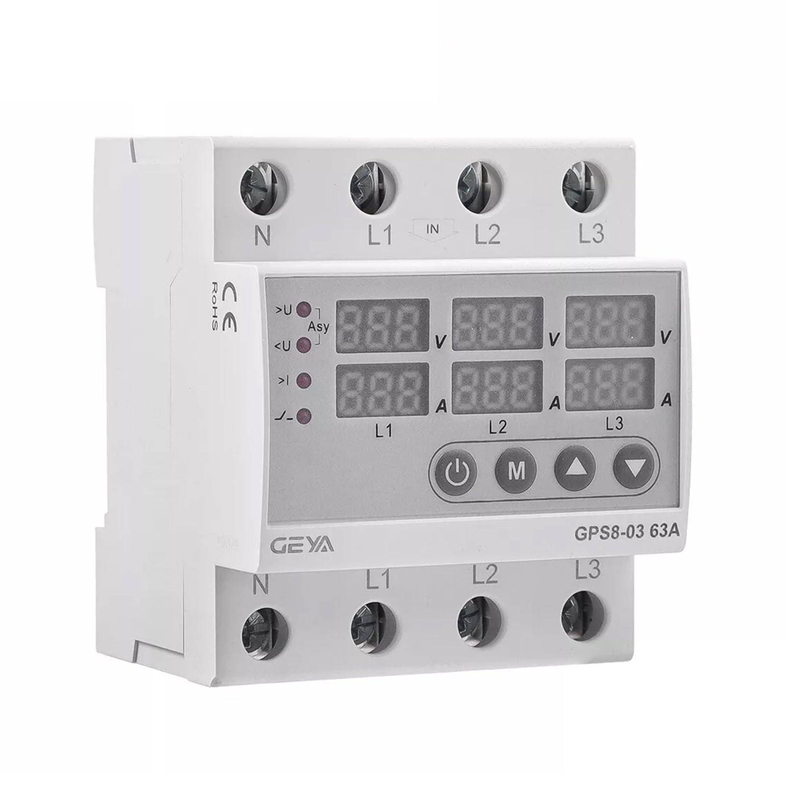 GEYA Protector de sobrecorriente trifásico, dispositivo de protección contra sobretensión y subtensión (Upper wiring-63A)