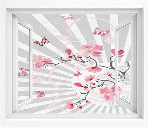Amazon ネイチャー Pvc絵画風 壁紙ポスター 90x60 Cm チェリーに咲く蝶ストライプ日光曲線のライン装飾用アートワーク装飾的 おしゃれ ウォールステッカー 多用途なシール 淡いグレーピンク ウォールステッカー オンライン通販