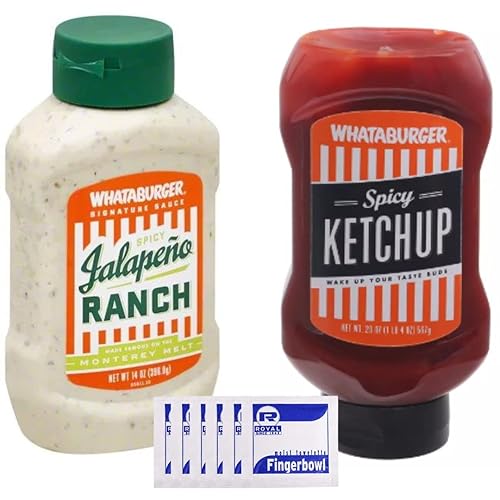 Whataburger Signature Sauce Paquete de 2 unidades, una (1) salsa Whataburger picante Whataburger Ranch de 14 onzas líquidas, una (1) salsa de tomate
