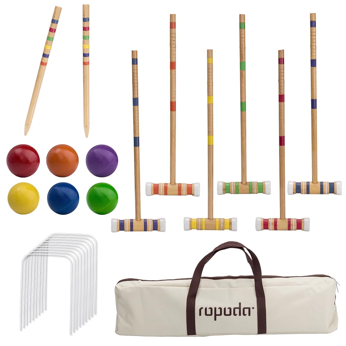 ropoda Six-Player Croquet Set with Wooden Mallets, Colored Balls, Sturdy Carrying Bag for Adults &Kids, Perfect for Lawn,Backyard,Park and More