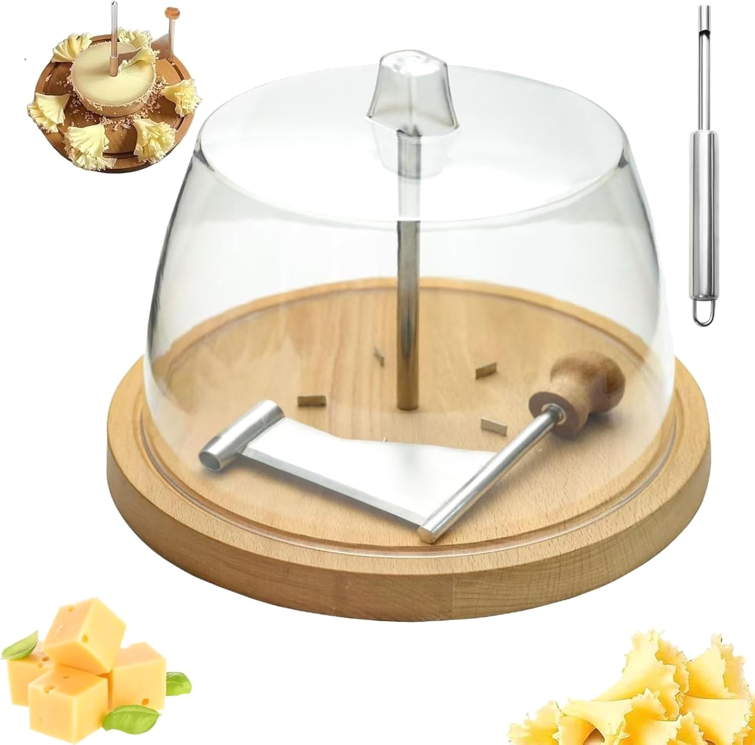 Stainless Steel Cheese Curler Wheel with Wood Base - Effortless Cheese Shaver and Slicer for Home Kitchen and Restaurant Use