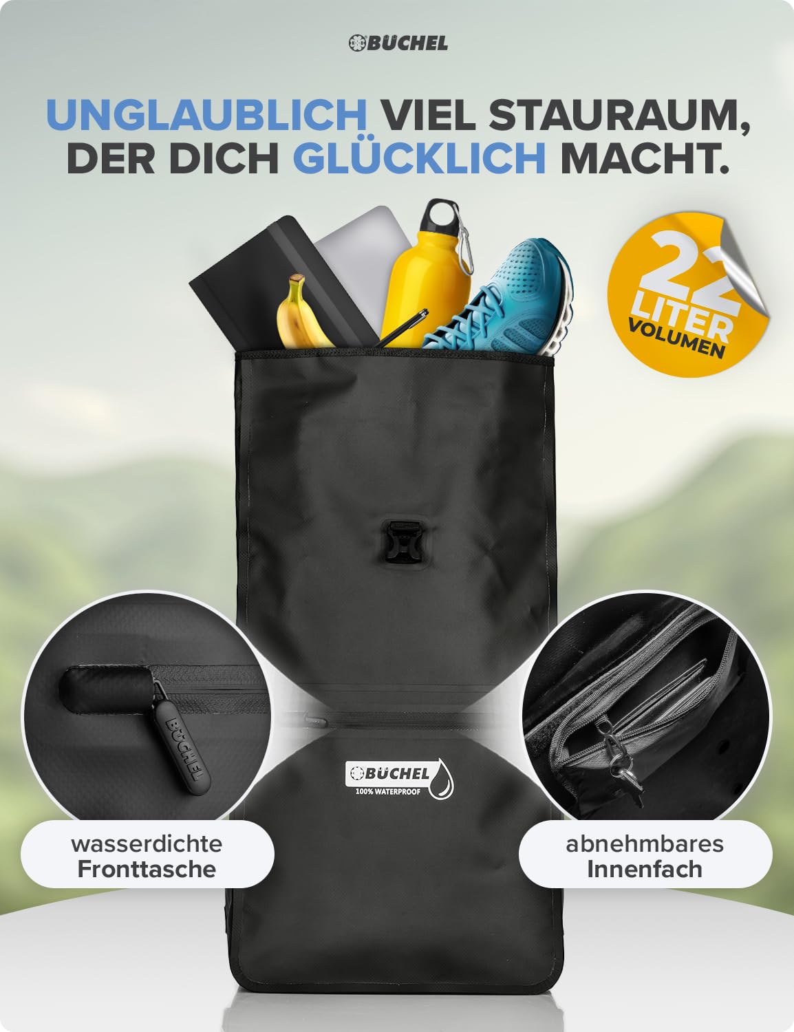Büchel 3in1 Fahrradtasche für Gepäckträger, nutzbar als Rucksack, Umhängetasche oder Gepäckträgertasche | Fahrrad Tasche Wasserdicht & Reflektierend | mit 22L Kapazität und Anti-Rutsch Boden