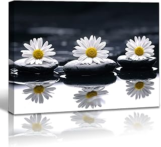QTESPEII Black and White Canvas Wall Art Yellow Daisy Pictures Flower and Stone Paintings for Bathroom Living Room Bedroom Office Decoration Framed Still Life Modern Zen Home Decor 12"x16" 1 Panel