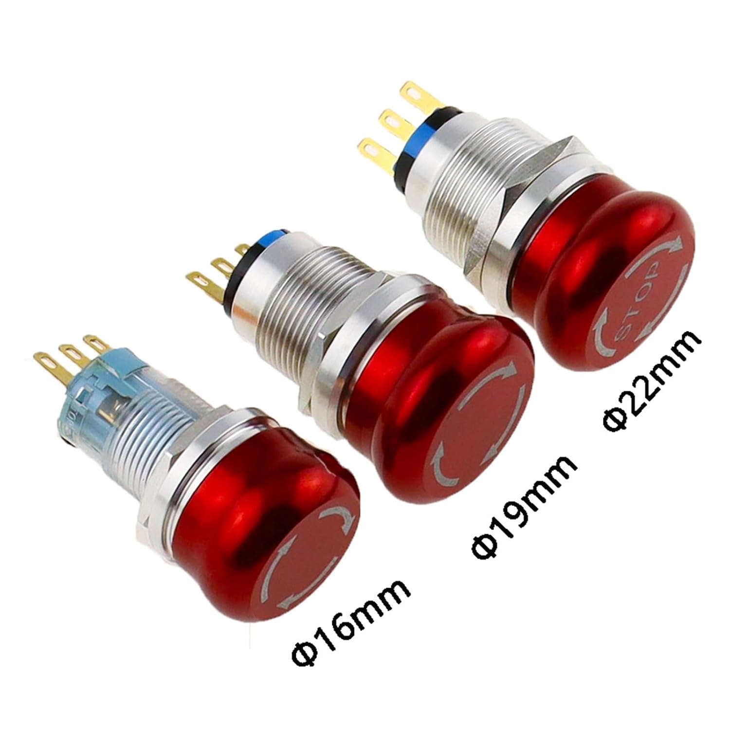 16mm 19mm 22mm Mushroom Head with Arrow Emergency Stop Metal Button Switch self-Locking/Latching(NO Stop,6Pin 2NO2NC,22mm)