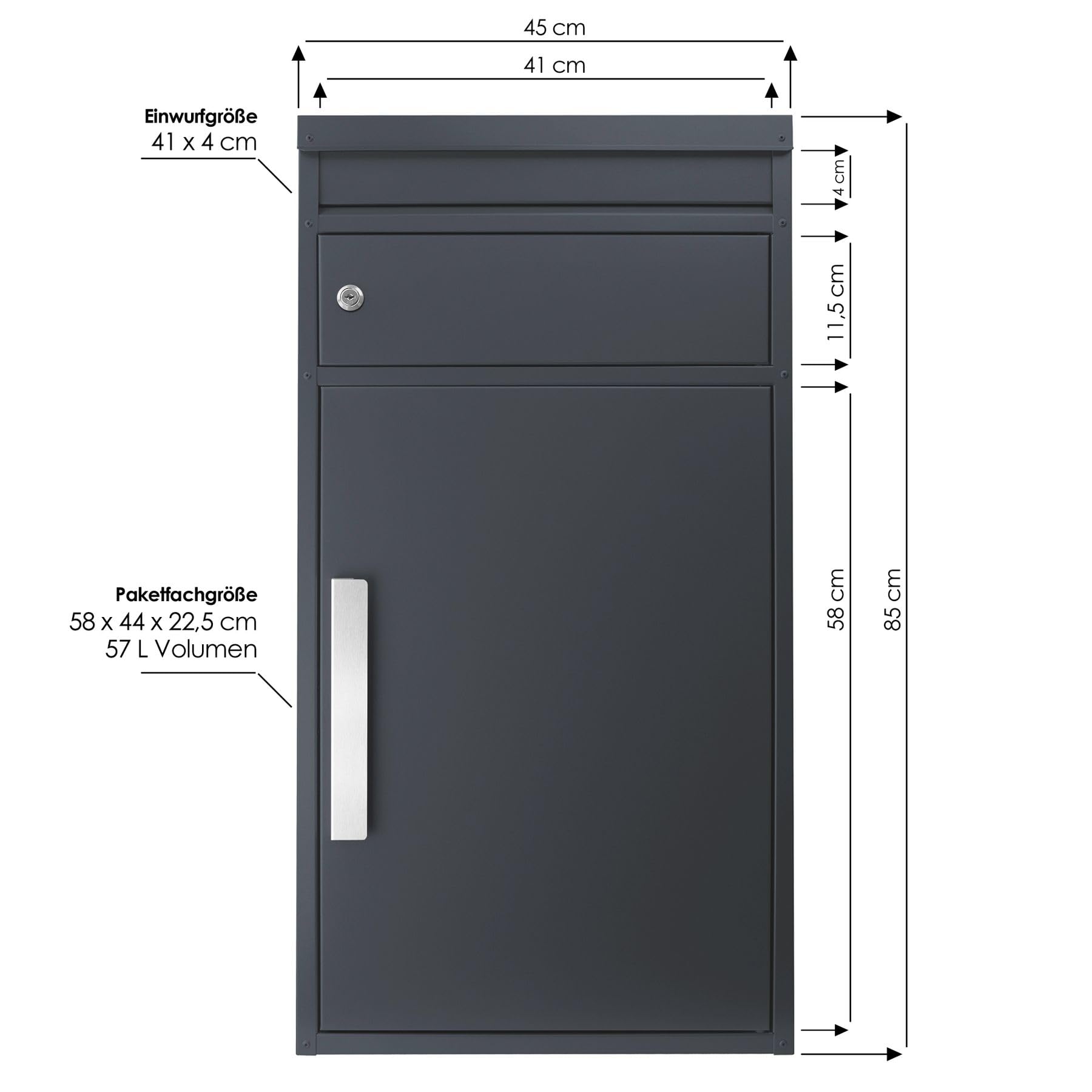 Paketbriefkasten XXL anthrazit mit Briefeinwurf wetterfest rostfrei freistehend Standbriefkasten draussen 65M Paketbox mit Briefkasten Paketkasten XXL Paketstation Paketfach RAL 7016