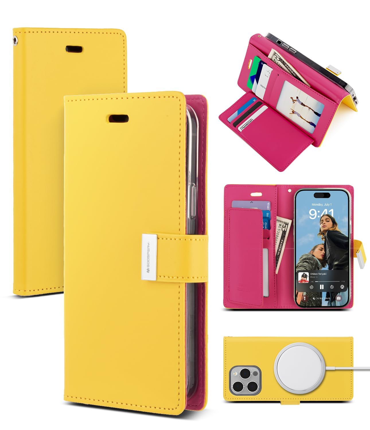 GOOSPERY Rich Wallet Compatible with iPhone 15 Pro Max, Extra Card Slot Flap Functional & Fashionable Stylish PU Leather Flip Card Holder Phone Cover - Yellow