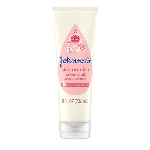 Johnson's Skin Nourish - Aceite cremoso para bebé para piel seca con aroma a coco y madreselva, rico y cremoso aceite corporal para bebés hidrata