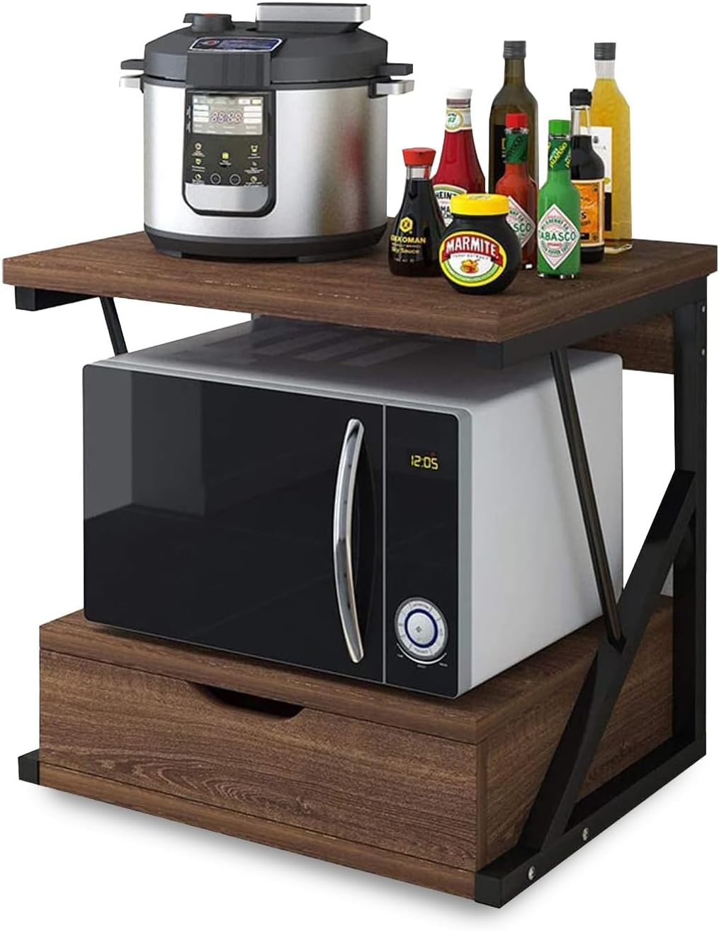 Modern Microwave Kitchen Cabinet with Space-Saving Drawer and Shelf in Wood and Steel for Microwave Oven Air Fryer and Kitchen Shelf
