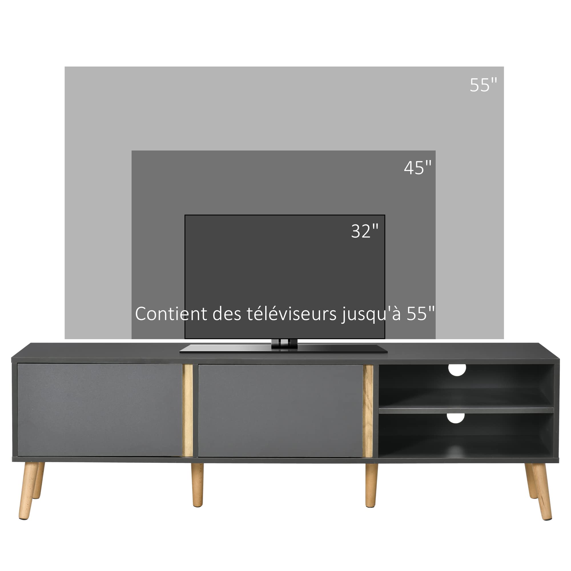 HOMCOM Meuble TV Design Scandinave 55 Pouces 150 x 35 x 45 cm Gris Foncé