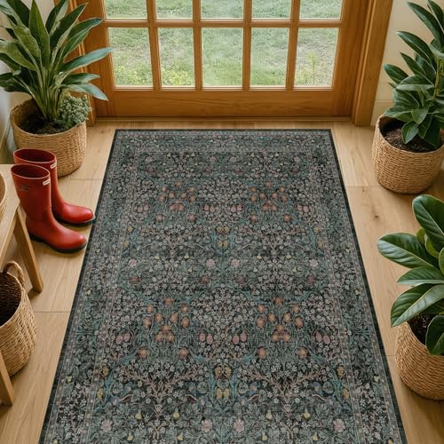 Image of Vintage Floral Dark Green 3x5 Area Rugs for Entryway, Kitchen, Bedroom Beside Rug, Laundry Room, Non-Slip Low Pile Ultra Soft Stain Resistant Small Carpet