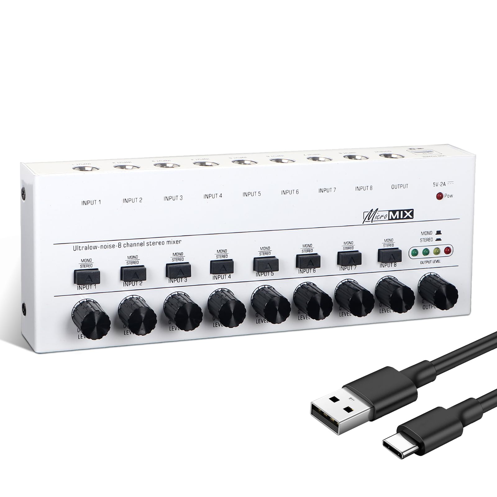 Horse Audio Mixer Line Mixer, 8-Channel Stereo Line Mixer for Sub-Mixing, Ultra Low Noise Operation, for Guitar, Microphone, Bass, Digital Keyboard, Suitable for Bar and Small Club, White