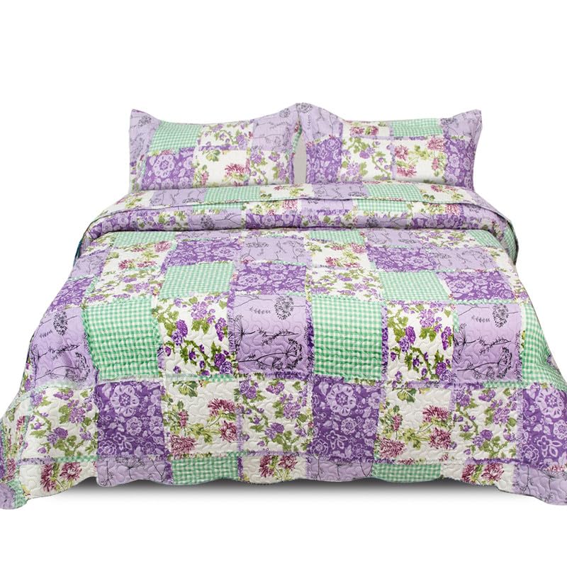 Cozy Haven Quilt Patchwork Bedspread 3 Piece Set โ Coverless Quilted Bedspread, Comforter Throw, Summer and All-Season Lightweight Bedding Sets, with 2 Pillow Sham - (Lavender Blossom, Double)