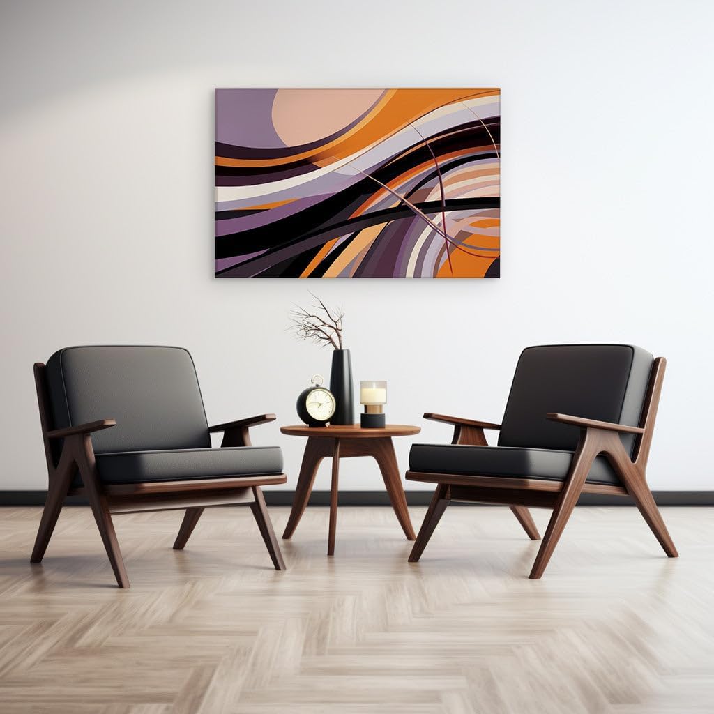 Canvas for Living room. Rhythmic Vibrancy in Motion: Where Orange, Black, and Purple Dance among Dynamic Curves, 27 x 18 inch Canvas Wall Art - Geometric Harmony - Modern Home Decor