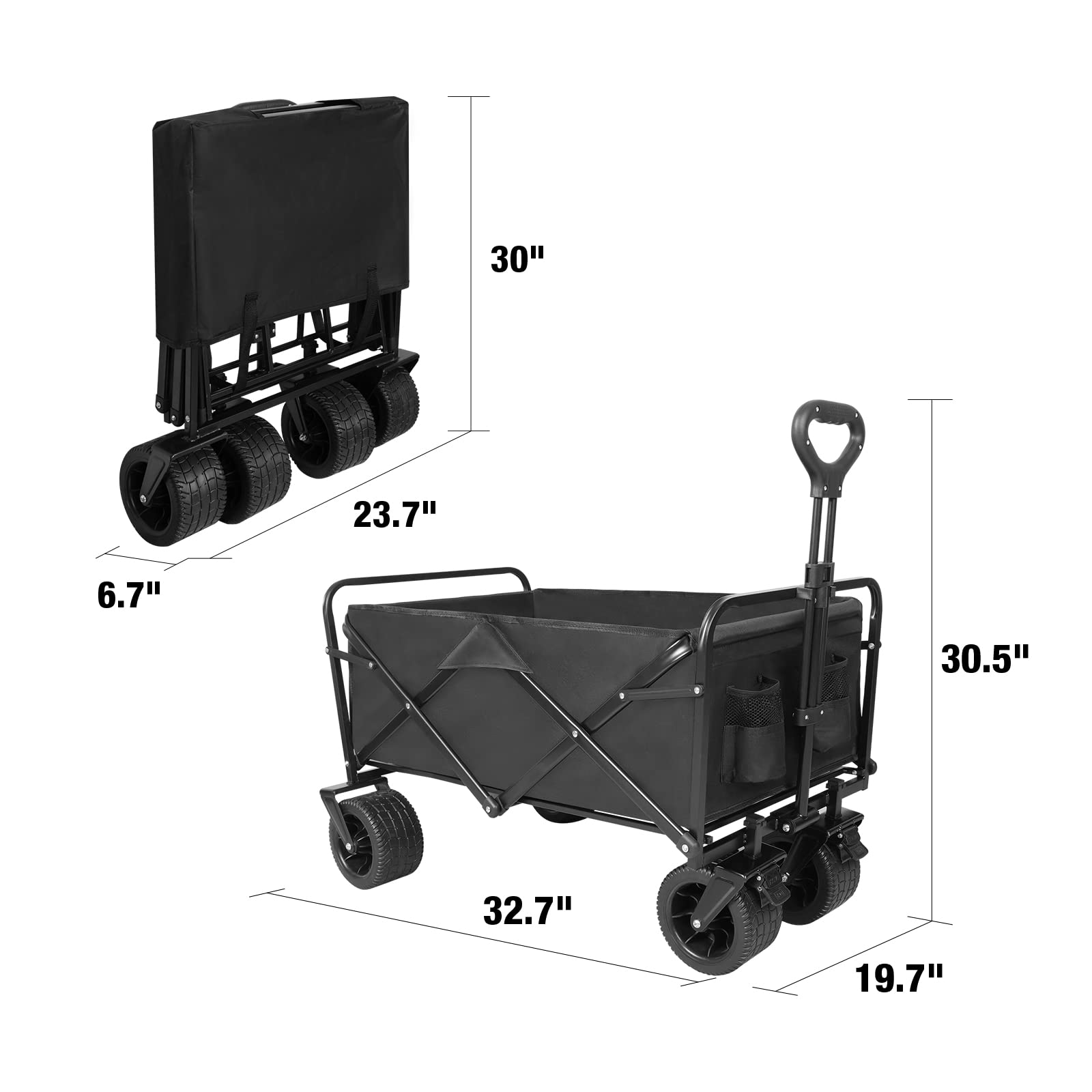 Carrello da campeggio pieghevole e resistente, con ruote più grandi e manico regolabile, capacità 99,8 kg, nero