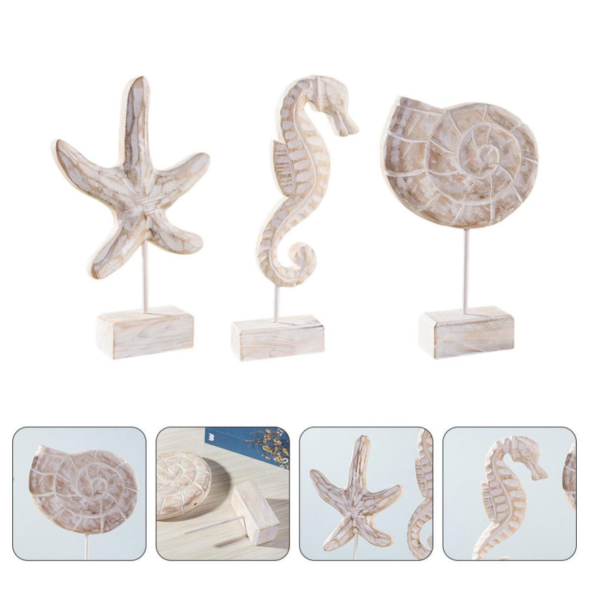 Decoración de Figuras Marinas de Madera 3 Piezas, Adorno de Mesa