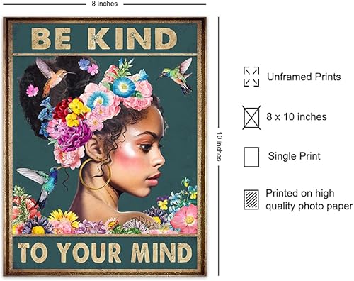 Miniatura 2 de Black Women African Americans Wall Art - Black Girl - Be Kind to Your Mind Inspirational Quotes - Hummingbirds Mental health Wall Art Poster - Zen