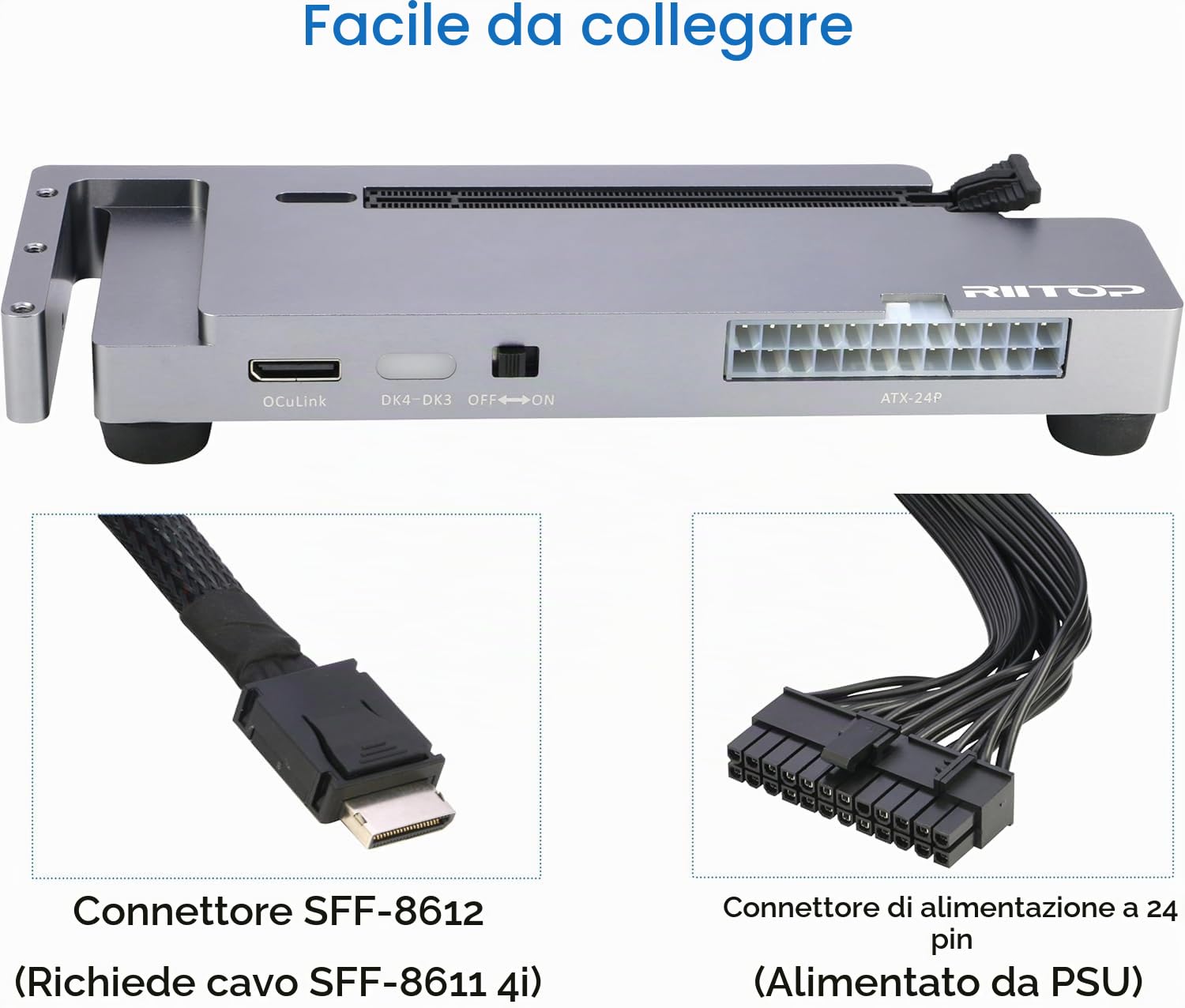 RIITOP OCuLink eGPU Dock 64Gpbs Oculink SFF-8612 Alloggiamento GPU esterno per schede grafiche PCIe 4.0 x16