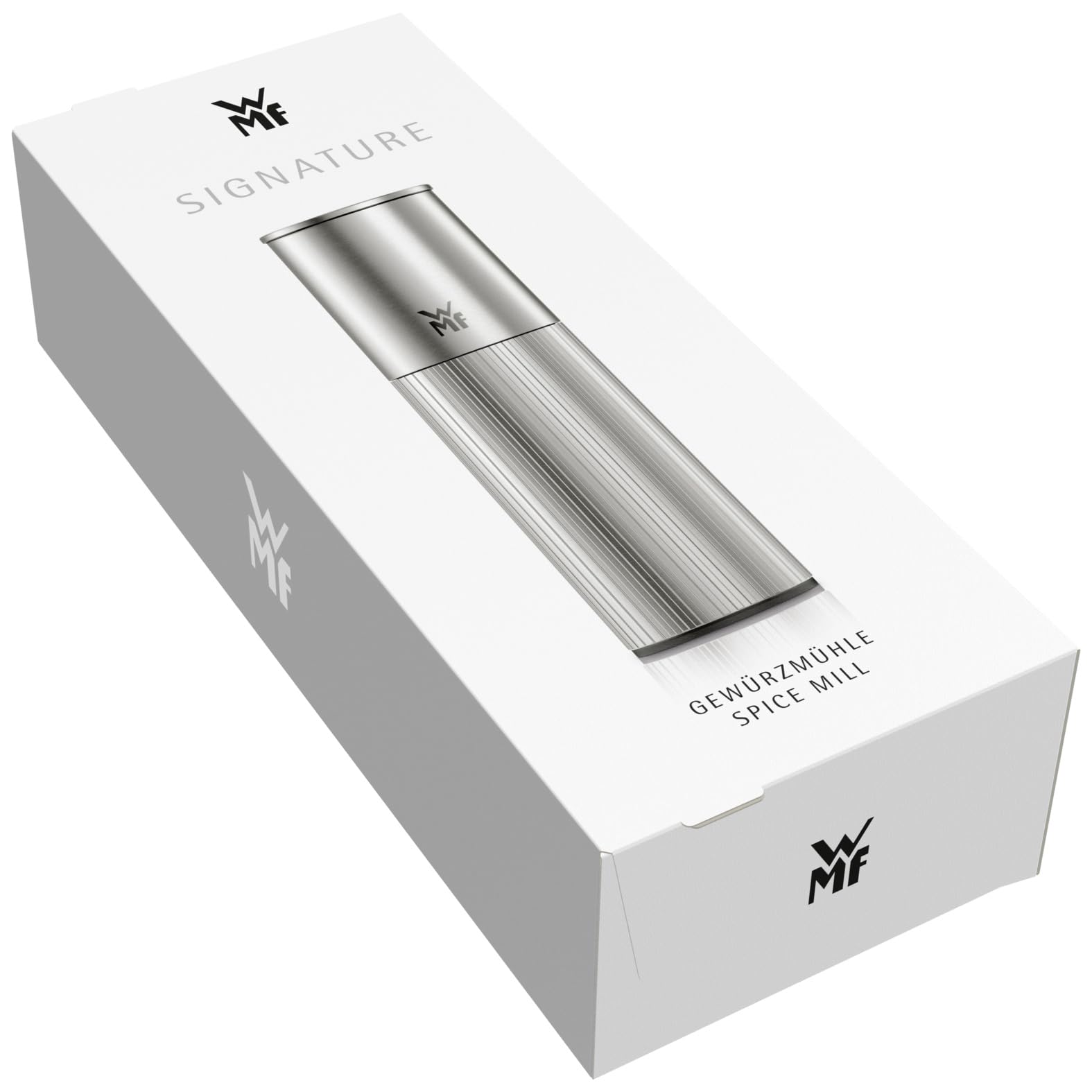 WMF Signature Pro Gewürzmühle – Salz- und Pfeffermühle mit Keramikmahlwerk, einstellbarem Mahlgrad, leicht befüllbar, magnetischem Aromaschutzdeckel, langlebiger Edelstahl, manuell